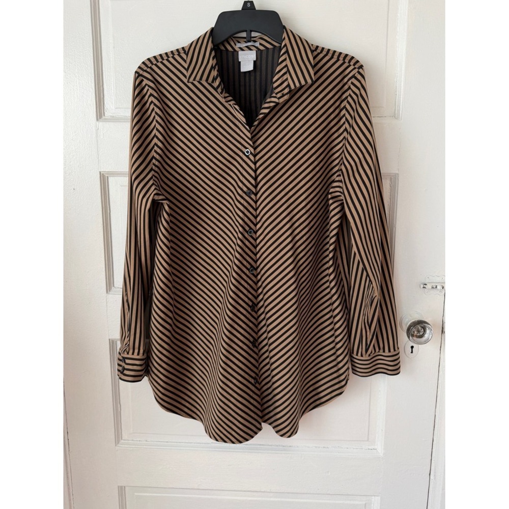 Chico's No Iron Chic Stretch Button Down Shirt Tan Black Diagonal Stripe Office - Picture 15 of 15